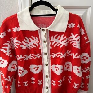 Floral Red and White Women's Sweater
